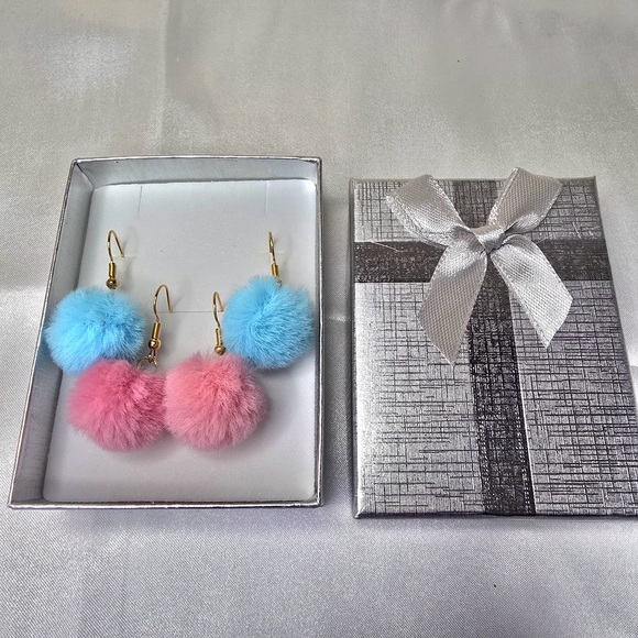 Accessories - 2 Pairs Pink and Blue Pom Pom Earrings